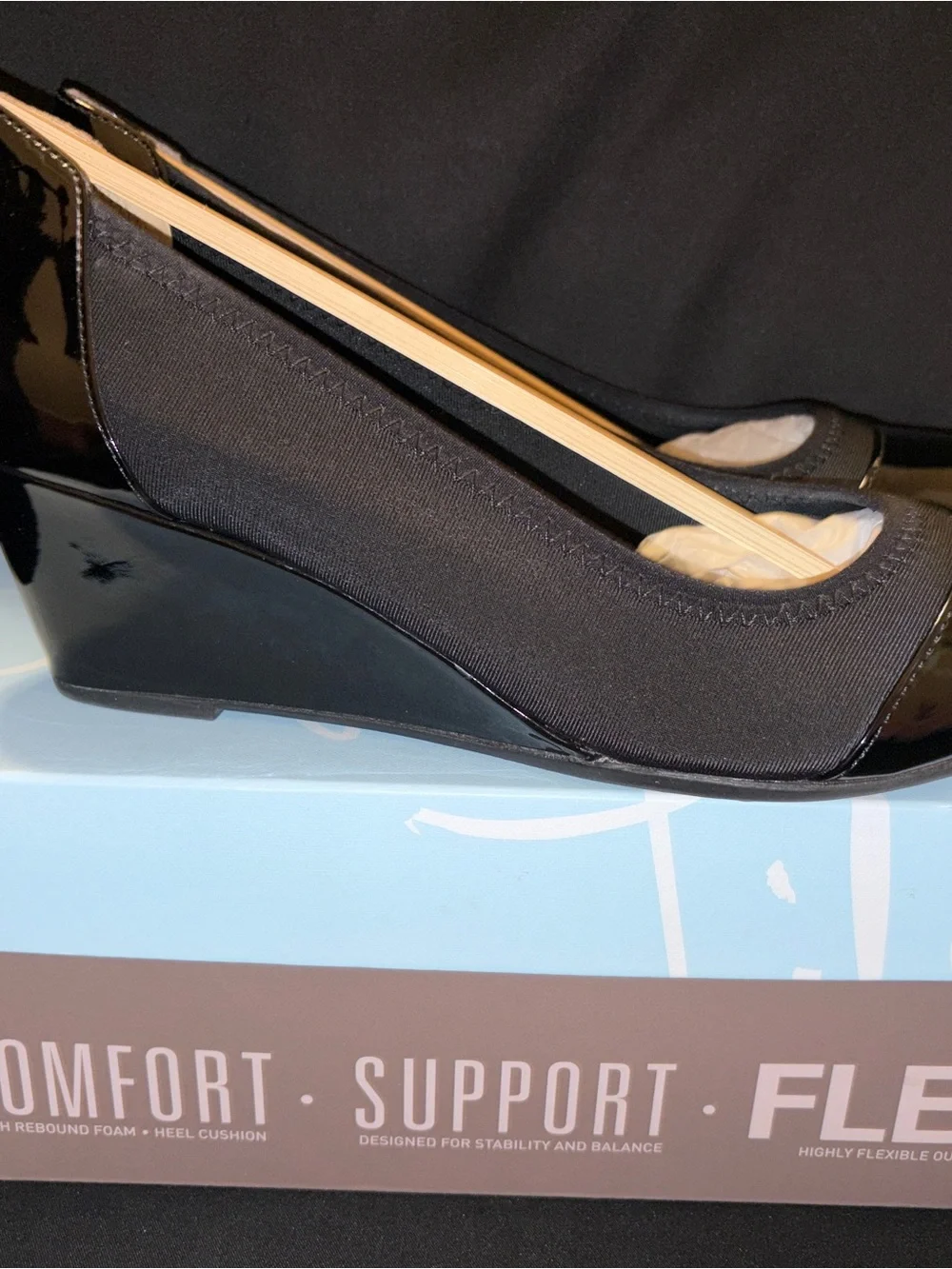 Life Stride Black Patent and Knit Wedge Pumps; Juliana